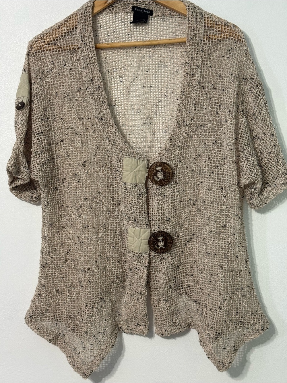 Katie Todd Light Taupe Open-Weave Cardigan with Decorative Buttons